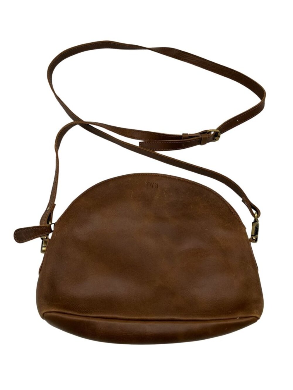 Joyn Womens Handmade Half Moon Leather Crossbody Bag Brown Zipper Adjustable